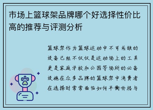 市场上篮球架品牌哪个好选择性价比高的推荐与评测分析